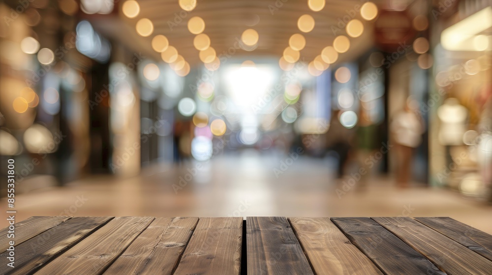 Blurred background of a shopping mall with a wooden table Blurred background of a shopping mall with a wooden table