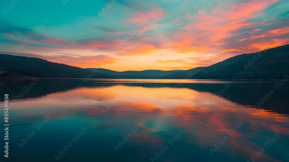 A beautiful sunset over a lake with a reflection of the sky in the water A beautiful sunset over a lake with a reflection of the sky in the water