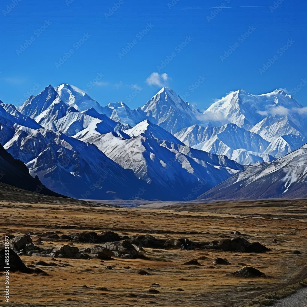 Fototapeta premium Breathtaking view of snow-capped mountains under a clear blue sky, with a vast valley in the foreground. Perfect for nature and landscape themes.