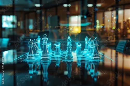 Futuristic holographic chess game in modern office setting, symbolizing strategy, technology, and innovation in a corporate environment.