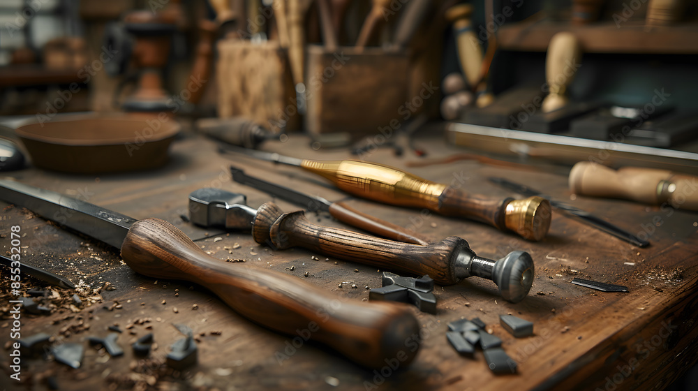 A collection of woodworking tools are displayed on a wooden surface