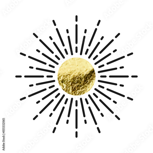 Vintage sunburst, sunset beams. Gold foil, shiny handmade circles. Golden glittering texture, pattern. Hand drawn bursting sun, light rays. Logotype or lettering, retro style. Vector illustration