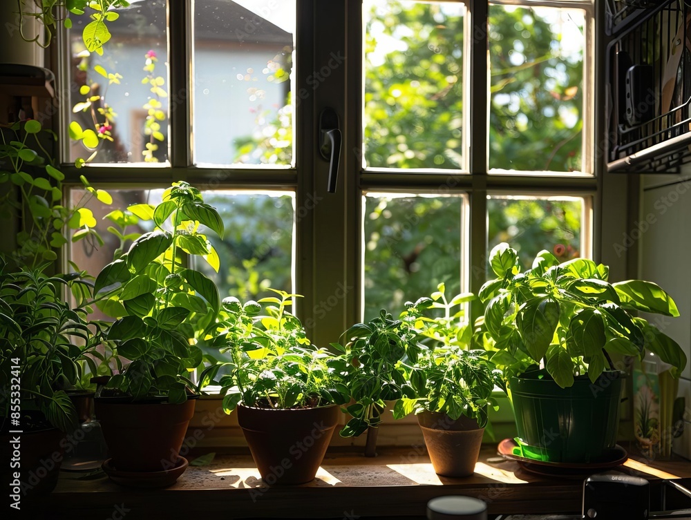 Sunlit kitchen window with vibrant potted herbs, creating a fresh and inviting atmosphere with a touch of greenery. Sunlit kitchen window with vibrant potted herbs, creating a fresh and inviting atmosphere with a touch of greenery.