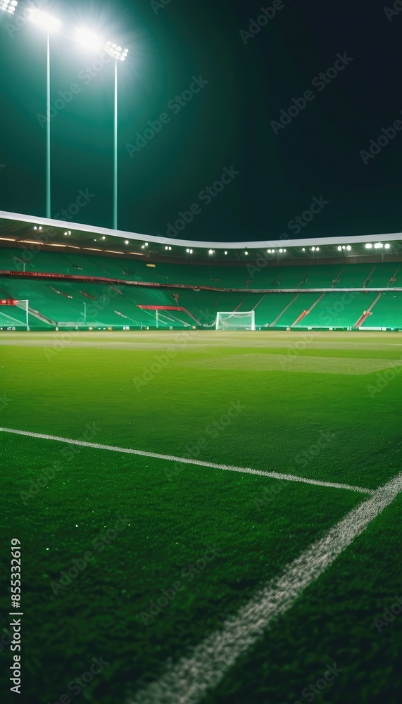 Fototapeta premium Rows of empty green seats overlooking a pristine soccer field bathed in the artificial light of a night game
