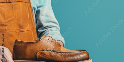 old man with a white beard. shoemaker work with leather. tailor photo