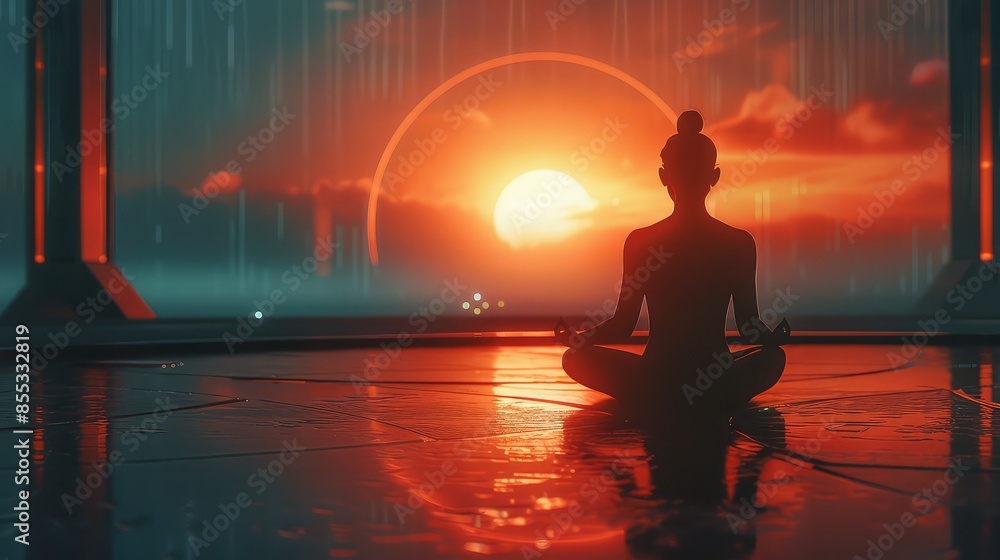 Fototapeta premium Futuristic Meditation Practice: Mastering Mind Relaxation with Solarized Imagery