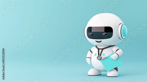 AI generated illustration of a cute medical robot holding a clipboard on a light blue background