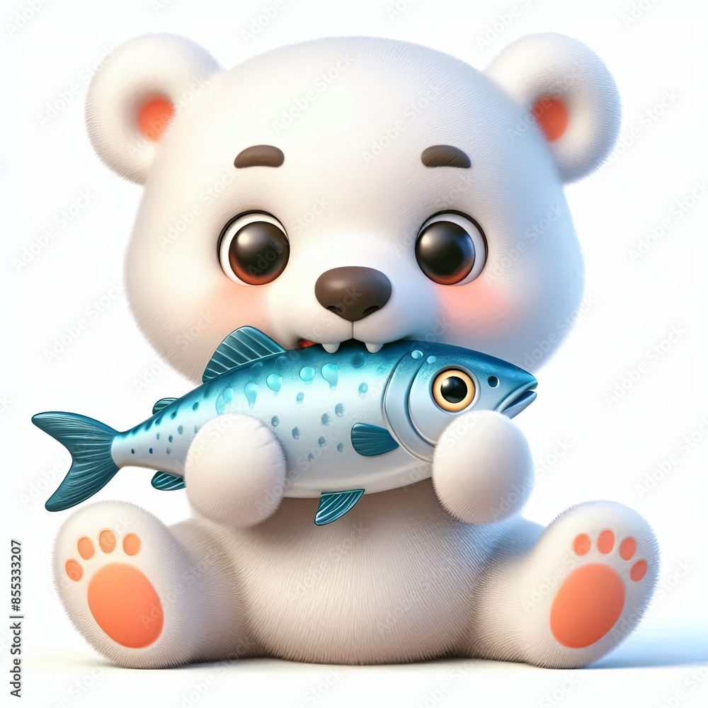 Naklejka premium cute polar bear eating fish cartoon , 3d Generative AI