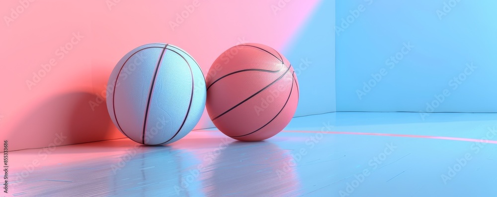 Two basketballs on the floor of an indoor court with pink and blue lighting Two basketballs on the floor of an indoor court with pink and blue lighting