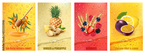 Set of labels with fruit and berry  drink. Fresh fruits juice splashing together- honey, passion fruit, lemon, ginger, pineapple, strawberry, raspberry, sea buckthorns juice drink splashing. Vector