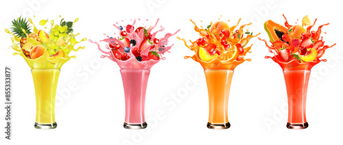 Set of fruit juice splash. Whole and sliced pineapple, mango, peach, orange, cherry, blueberry, strawberry, grape, papaya in juice with splashes and drops isolated on transparent background. Vector.