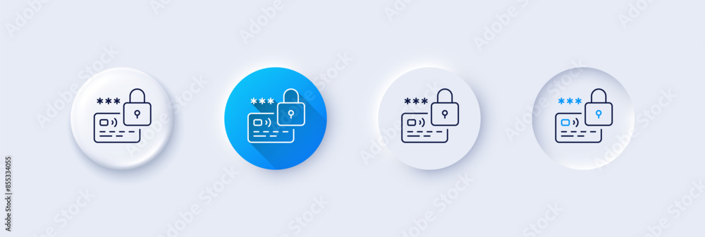 Lock line icon. Neumorphic, Blue gradient, 3d pin buttons. Protected credit card sign. Password security symbol. Line icons. Neumorphic buttons with outline signs. Vector Lock line icon. Neumorphic, Blue gradient, 3d pin buttons. Protected credit card sign. Password security symbol. Line icons. Neumorphic buttons with outline signs. Vector