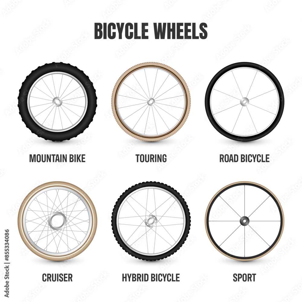 Realistic 3d bicycle wheels. Bike rubber tyres, shiny metal spokes and rims. Fitness cycle, touring, sport, road and mountain bike. Vector illustration Realistic 3d bicycle wheels. Bike rubber tyres, shiny metal spokes and rims. Fitness cycle, touring, sport, road and mountain bike. Vector illustration