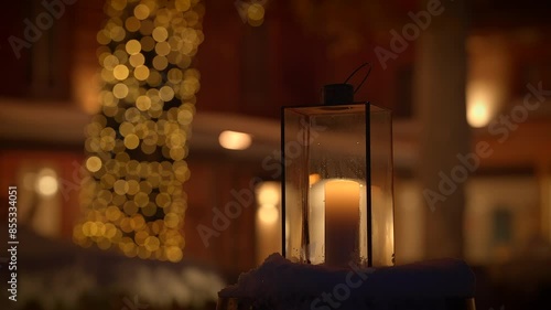 Glowing candle lantern in winter setting creates warm ambiance with festive light, adding cozy mood photo