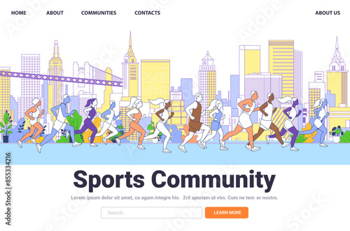 Group of diverse runners in urban cityscape colorful buildings background fitness jogging community