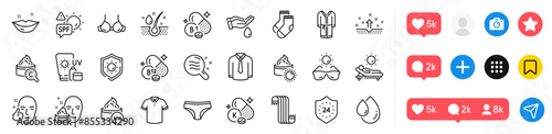 Lounger, Thiamine vitamin and Spf protection line icons pack. Social media icons. Serum oil, 24 hours, Healthy face web icon. Panties, T-shirt, Clean skin pictogram. Vector