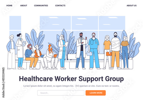 Healthcare professionals support group meeting diverse medical staff teamwork hospital setting plants window background