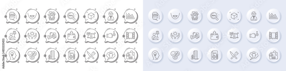T-shirt, Food delivery and Open door line icons. White pin 3d buttons, chat bubbles icons. Pack of Investment graph, Food, Vacancy icon. Vector T-shirt, Food delivery and Open door line icons. White pin 3d buttons, chat bubbles icons. Pack of Investment graph, Food, Vacancy icon. Vector
