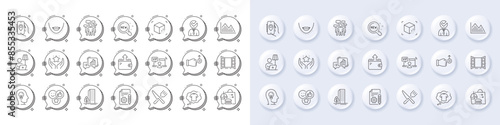 T-shirt, Food delivery and Open door line icons. White pin 3d buttons, chat bubbles icons. Pack of Investment graph, Food, Vacancy icon. Vector