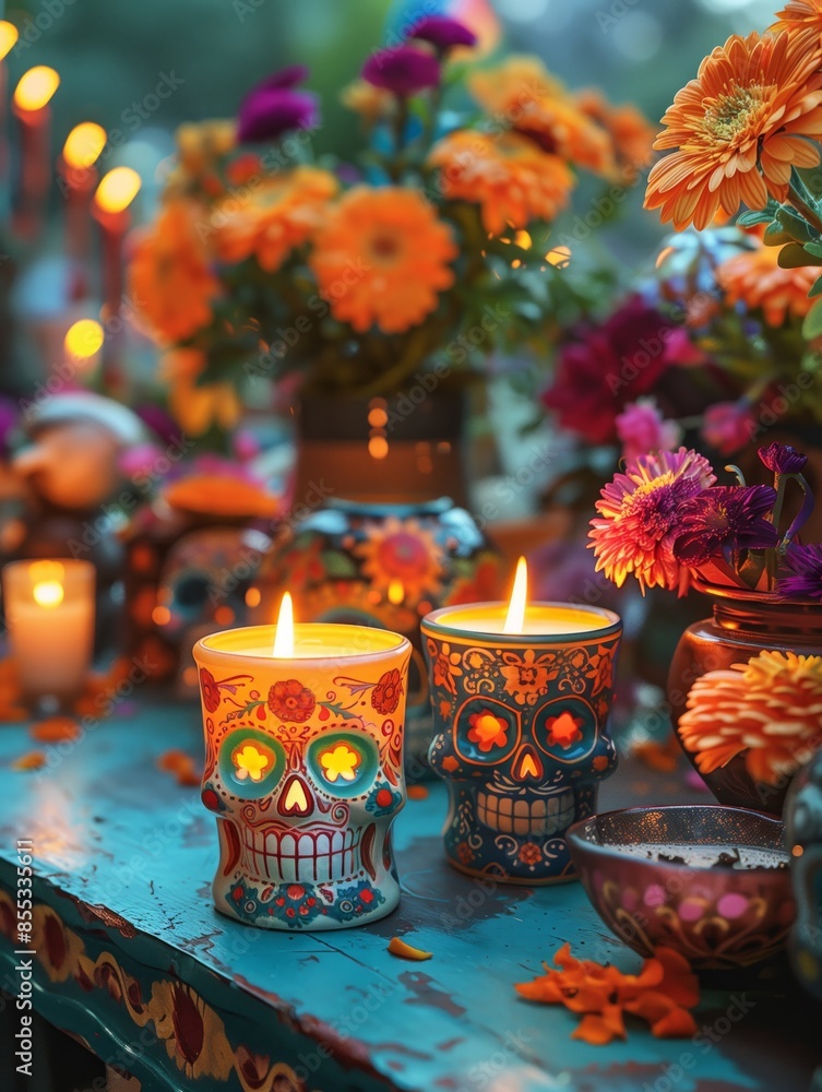 Fototapeta premium Close-up of burning candles on the altar, with light reflections on the floral decorations and sugar skulls