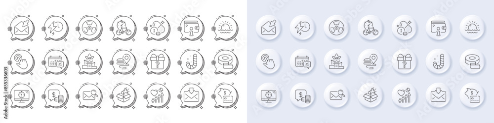 Piggy bank, Secret gift and Search mail line icons. White pin 3d buttons, chat bubbles icons. Pack of Incoming mail, Wallet, Vip podium icon. Seo timer, Cursor, Adhesive tape pictogram. Vector Piggy bank, Secret gift and Search mail line icons. White pin 3d buttons, chat bubbles icons. Pack of Incoming mail, Wallet, Vip podium icon. Seo timer, Cursor, Adhesive tape pictogram. Vector