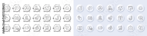 Piggy bank, Secret gift and Search mail line icons. White pin 3d buttons, chat bubbles icons. Pack of Incoming mail, Wallet, Vip podium icon. Seo timer, Cursor, Adhesive tape pictogram. Vector