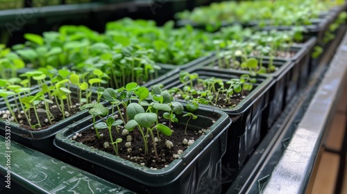 Rows of green seedlings growing in black plastic trays under artificial lights in a greenhouse