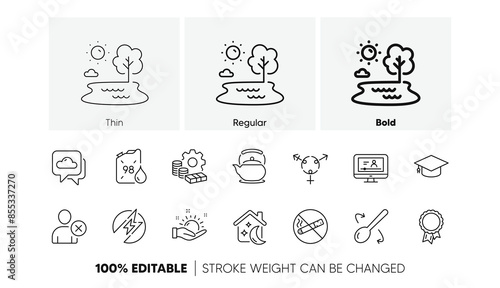 Teapot, Money and Delete user line icons. Pack of Sunny weather, Petrol canister, Graduation cap icon. Weather forecast, Cooking spoon, Sleep pictogram. No smoking, Lake, Electric energy. Vector