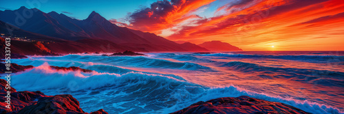 Beautiful sunset over the ocean, with waves crashing against the shore and mountains visible in the distance.