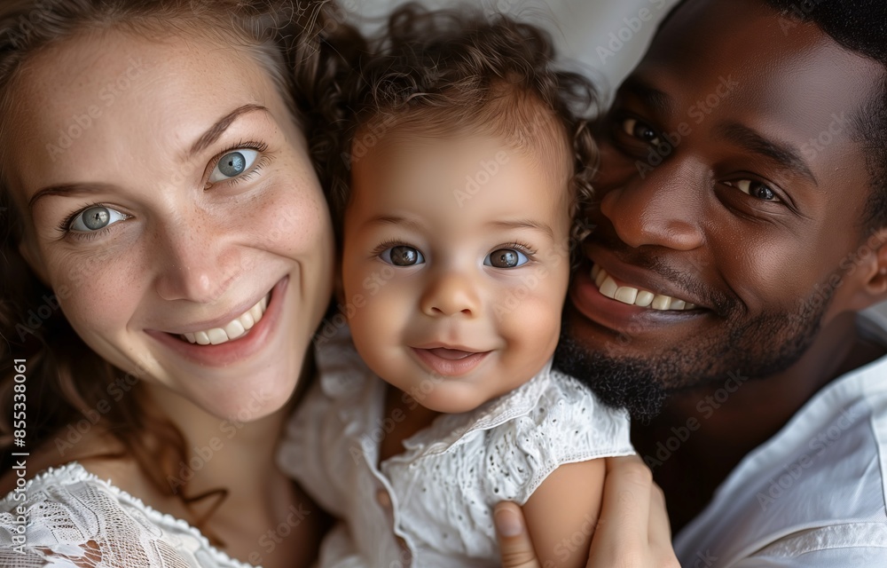A family of three, a woman, a man and a baby, smile and hug each other A family of three, a woman, a man and a baby, smile and hug each other