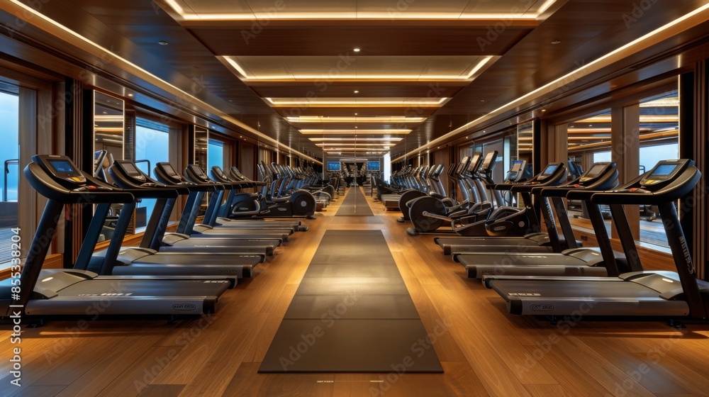 A modern, well-equipped gym on a luxury yacht, featuring a line of treadmills facing large windows. The room is decorated with wood paneling and has a sleek and sophisticated design.