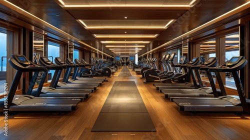 Obraz na płótnie A modern, well-equipped gym on a luxury yacht, featuring a line of treadmills facing large windows. The room is decorated with wood paneling and has a sleek and sophisticated design. w salonie