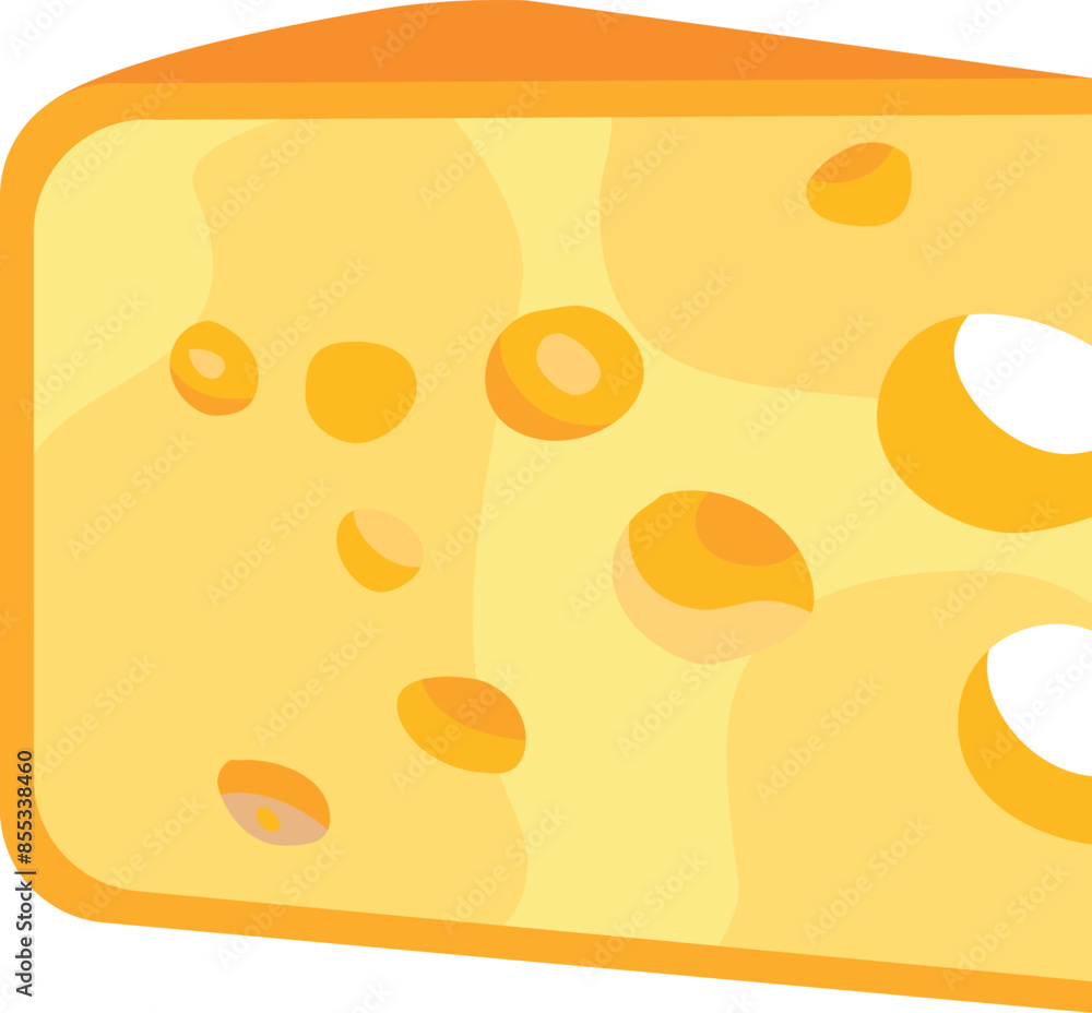 A close-up view of a piece of swiss cheese with characteristic holes known as eyes.