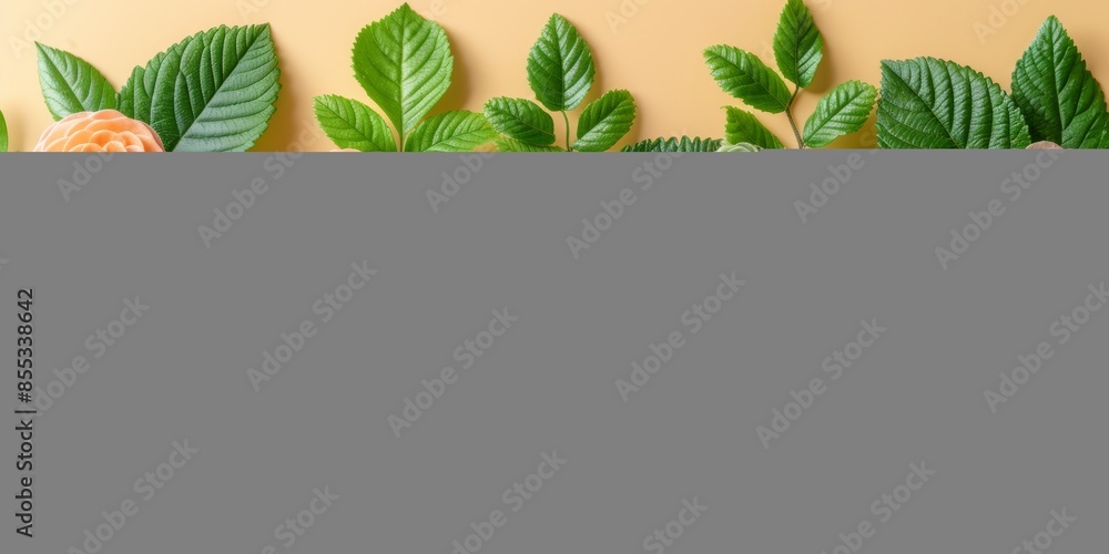 Fototapeta premium Elegant floral arrangement featuring vibrant peach and white roses with lush green leaves on a soft yellow background, perfect for spring and summer-themed designs.