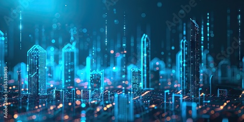 Futuristic city, skyscraper, with wavelengths, abstract color lines, night scene, bright ambience, intricate lights, smart city concept. Digital illustration, mixed media. AI generated illustration