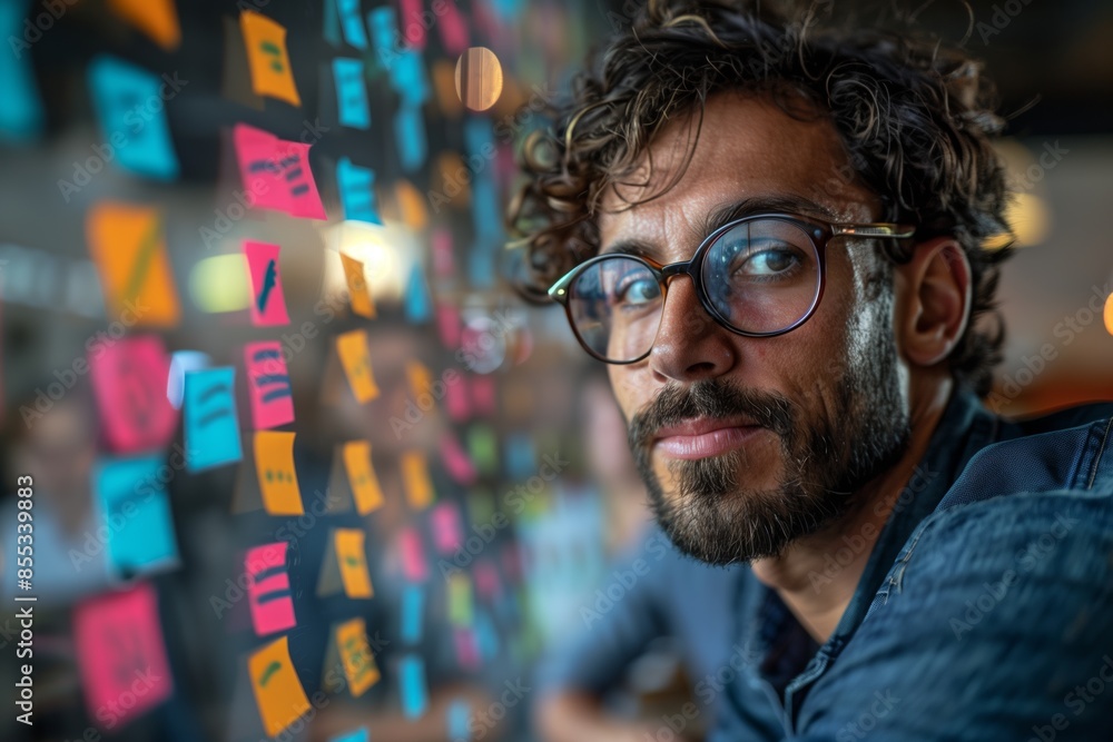 Man Wearing Glasses Looking at Post-it Notes on a Glass Wall Man Wearing Glasses Looking at Post-it Notes on a Glass Wall