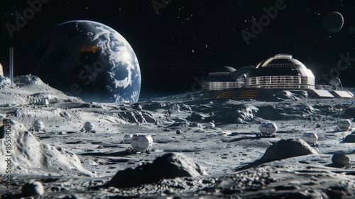 Fototapeta Naklejka Na Ścianę i Meble -  A planet with a large moon and a space station in the background