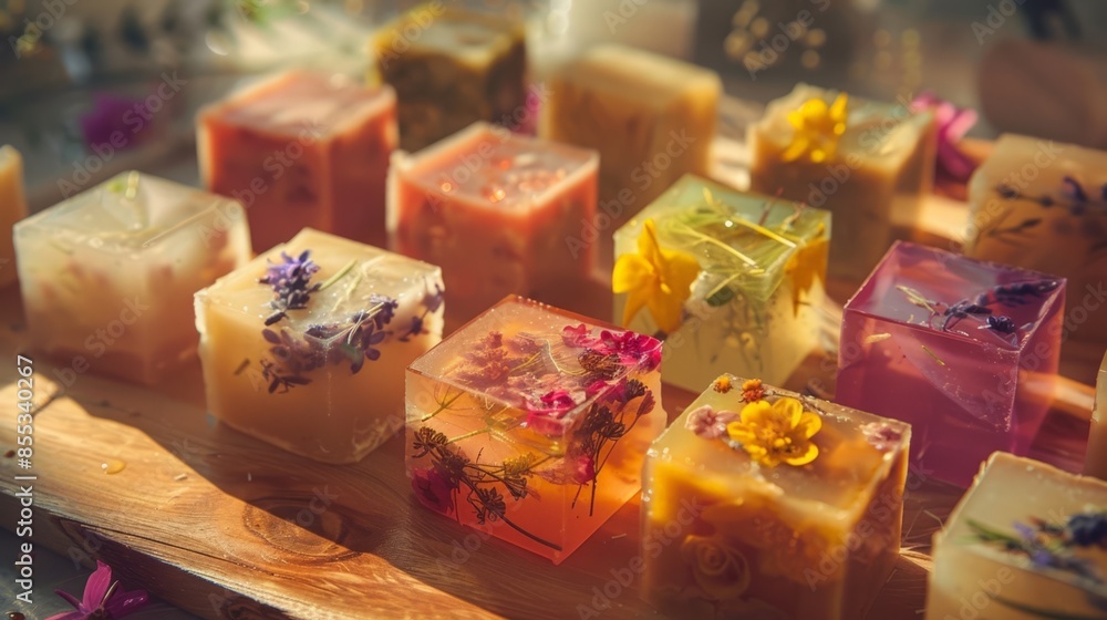 Colorful Handmade Soap Bars with Herbs, in a batch
