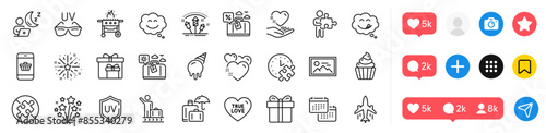Delivery boxes, Cupcake and Sunglasses line icons pack. Social media icons. Fireworks explosion, Luggage insurance, Smile chat web icon. Yummy smile, Luggage belt, Photo pictogram. Vector