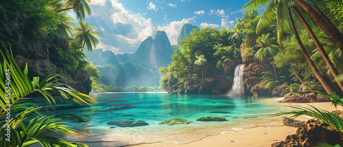 Tropical landscape with wild beach, mountains and waterfall, beautiful panoramic view of paradise in green jungle. Concept of travel, palm trees, forest, summer and nature.