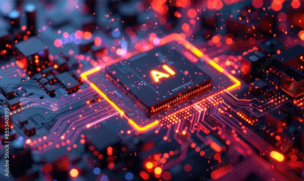AI Chip with Glowing Circuits and Electron Races in Multiple Colors AI Chip with Glowing Circuits and Electron Races in Multiple Colors