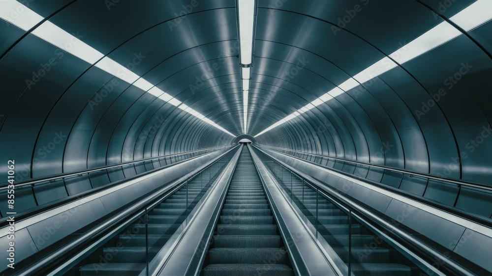 Naklejka premium Escalator in a sleek, futuristic tunnel with symmetrical lines and blue tones. highlights modern transportation, urban design, and architectural aesthetics.
