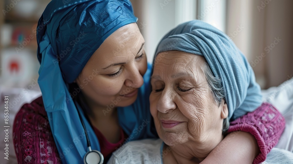 A nurse comforting a patient with a blue headscarf in a cozy room A nurse comforting a patient with a blue headscarf in a cozy room