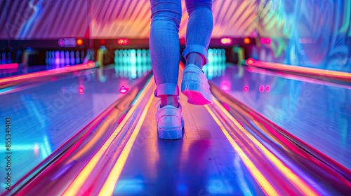 A person in jeans and sneakers stepping onto a vibrant, neon-lit bowling lane photo