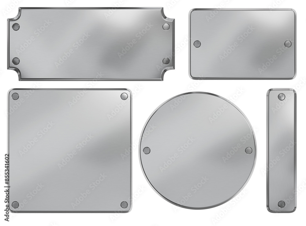Steel plaque with rivets. Isolated metallic nameboards set. 3D rendering. Steel plaque with rivets. Isolated metallic nameboards set. 3D rendering.