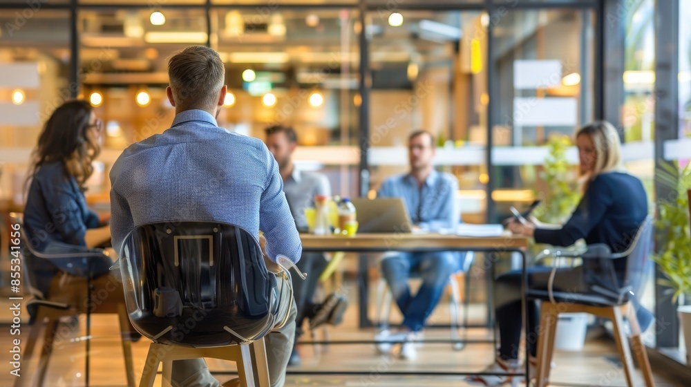 Business Presentation% Speaker in blue shirt, four people seated, glass walls, modern office Business Presentation% Speaker in blue shirt, four people seated, glass walls, modern office
