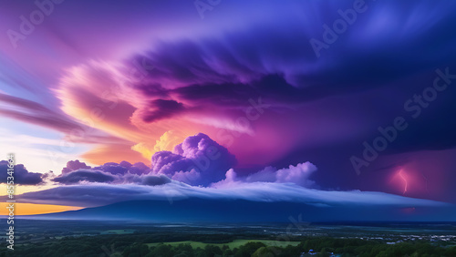 Dramatic large bright purple clouds in the sky and a copy space