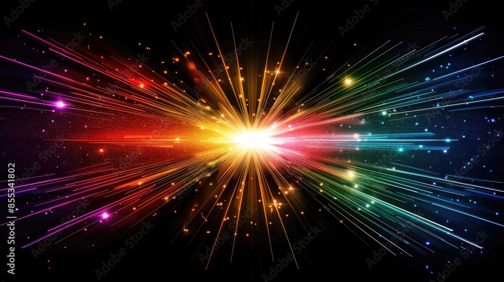 Naklejka premium Colorful light bursts radiating from the center on a black background