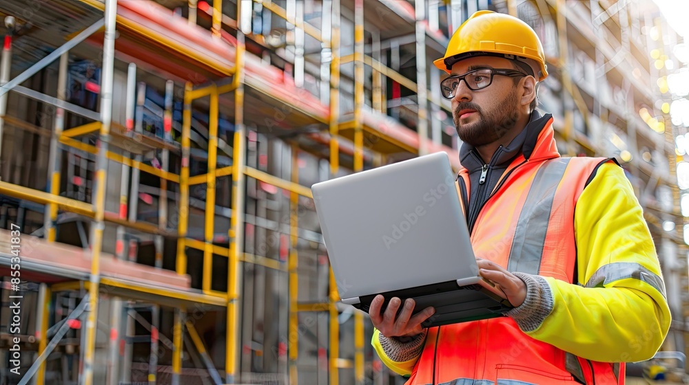 Construction worker in safety gear, holding laptop, standing at construction site with scaffolding Construction worker in safety gear, holding laptop, standing at construction site with scaffolding