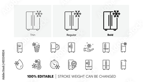 Refrigerator, freezer storage, smart fridge machine. Fridge line icons set. Cooler box, water with ice, thermometer icons. Wi-fi remote access, thermostat timer, smart freezer. Line icons set. Vector